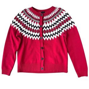 Talbots Joyous Fair Isle Crewneck Cardigan Size Medium Red Cotton Sweater